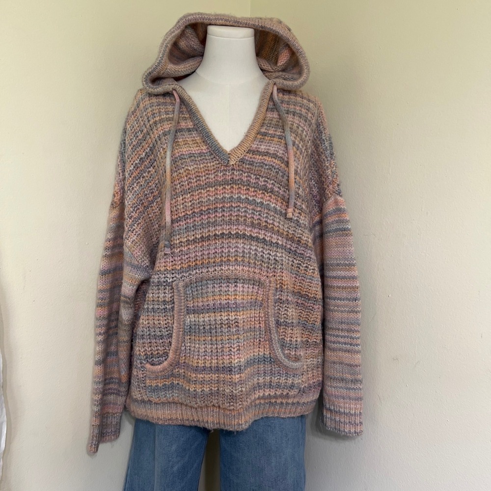 Aerie Womens Large Pastel Space Dye Striped Wool Blend Knit Hoodie Pullover